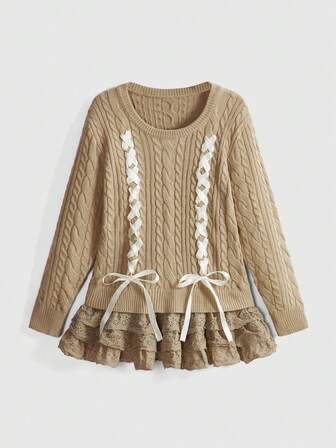 Maglione in maglia con fiocco e bordo in pizzo in stile Fairycore vintage, beige, maglione oversize per donna, elegante e vintage casual per autunno/inverno