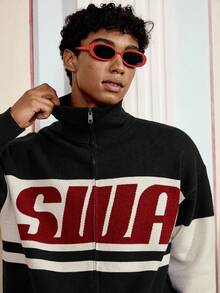 SWAVVY Cárdigan de punto casual con estampado de letras de manga larga para hombre, adecuado para otoño/invierno - Blanco y Negro - Ver 4