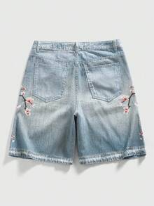 ROMWE MEN Street Life Quần short denim dáng rộng có túi họa tiết hoa dành cho nam - Màu xanh lam - Xem 2