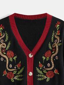 ROMWE Goth 女士玫瑰刺绣针织开衫 - 黑色 - 查看 3