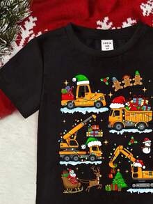 SHEIN Baby Boy Casual Fashionable Warm Comfortable Classic Christmas, Cartoon Excavator, Christmas Tree Pattern, Cute Style, Cartoon Dinosaur, Christmas Deer, Christmas Pattern Cartoon Print Short Sleeve Top, Suitable For Summer