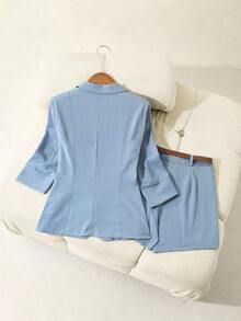 Airaco Bộ áo khoác blazer tay dài và quần short cỡ lớn màu xanh nhạt - Màu xanh lam - Xem 2