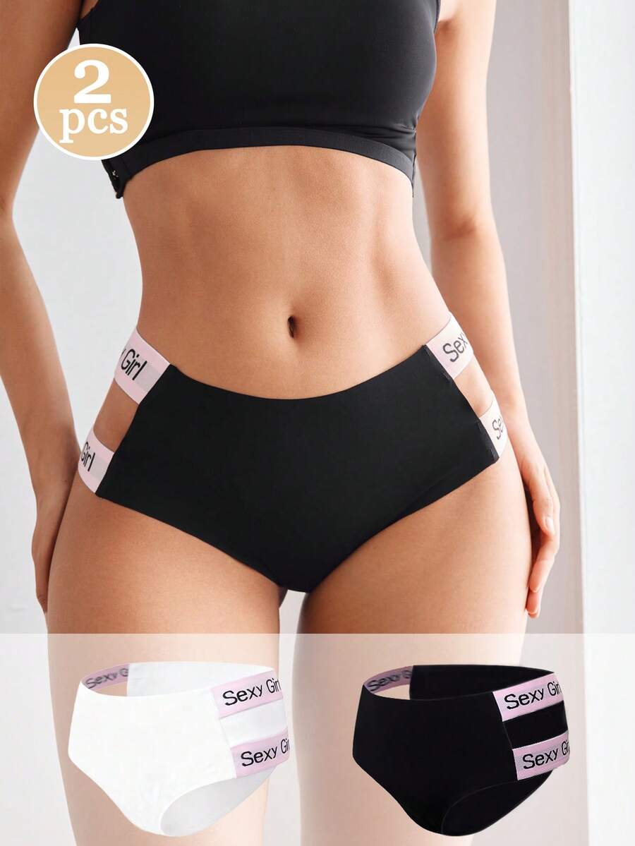 EasyFave 2条装运动风字母提花无缝女士丁字裤，黑/白 - 彩色 - 查看 1