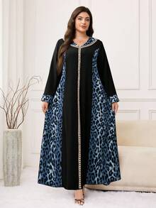 Al Najma Plus Size Women Leopard Print Patchwork Arabic Style Dress - Blue - View 4