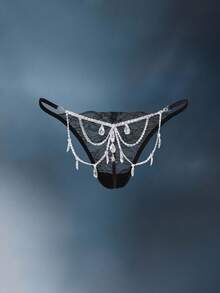 Snug Zone Cadena de metal con decoración de piedras preciosas, bragas sexy sin espalda para salir - Negro - Ver 2