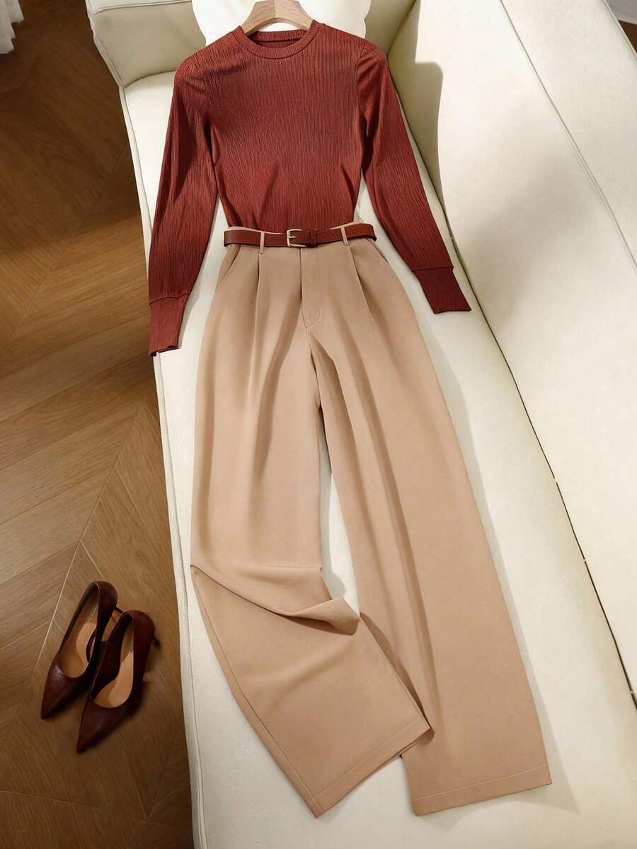 Franclia 两件套加大码秋冬套装：针织上衣配腰带和卡其色裤子 - 彩色 - 查看 1