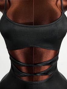 Mistrie 女士纯色吊带镂空性感涂层连衣裙 - 黑色 - 查看 3