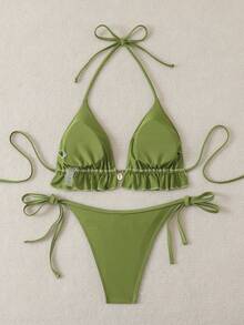 Swim Mod 女士泳衣 夏季沙滩纯色荷叶边挂脖系带两件式比基尼套装