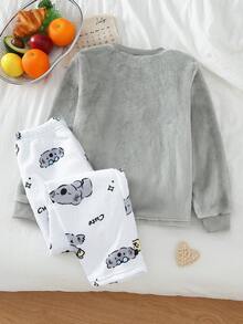 SHEIN Genkimix Kids 女孩灰色蓬松圆领长袖上衣搭配可爱考拉印花白色羊毛裤，双面法兰绒柔软保暖两件套睡衣套装