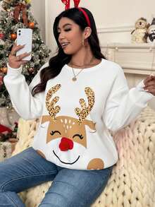 SHEIN VCAY Plus Size Christmas Cartoon Print Sweatshirt In Fall/Winter - White - View 4