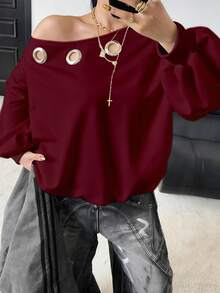 POPSWAY 大码女式斜肩金属孔眼卫衣，休闲舒适街头风卫衣外套，秋冬款 - 酒紅色 - 查看 4