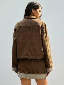 Maija Women's Long Sleeve Single-Breasted Pocket Jacket And Midi Skirt Casual Denim Suit, Urban Commute Business Casual Outfit, Elegant Attire For Thanksgiving, Christmas, New Year Party, Casual And Stylish Ladies Denim Set - Brown - View 5