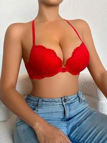 DesireSculpt 1pc High Quality Fashionable Comfortable Lace Underwire Bra For Women - Red - View 8