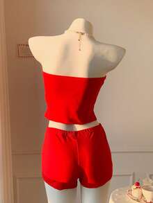 Comfortcana 女士极简印花抹胸上衣和短裤两件套 - 紅色 - 查看 2
