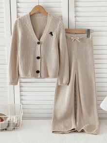 Young Girls Sweater Set, Grey Set, Brown Set, Embroidered Pony, Casual & School Style, Relaxed Fit, Cozy & Comfortable, Stretchy, Suitable For Home, Party, Halloween, Christmas, Outings, School, Can Be Paired With Christmas Party, Can Be Paired With Christmas Jumper - Apricot - View 1