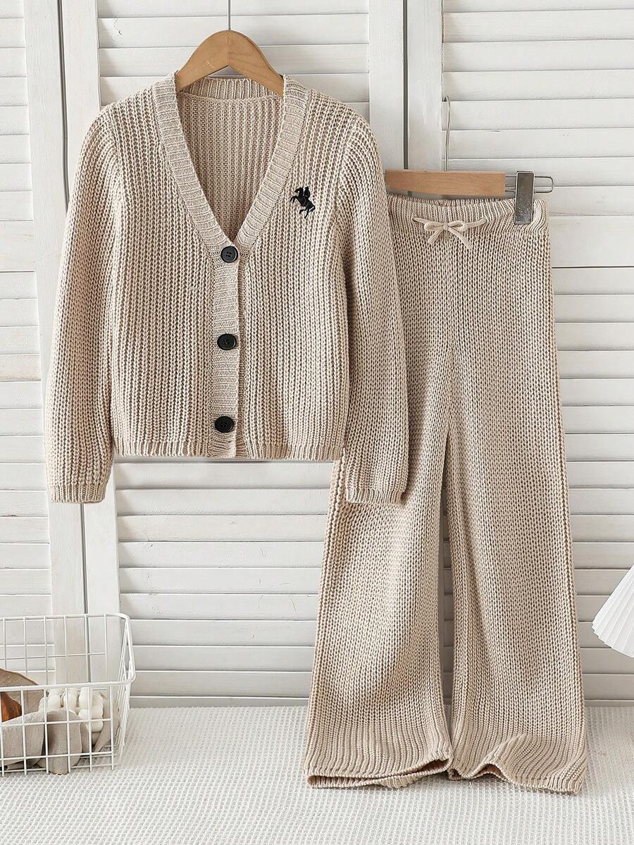 Young Girls Sweater Set, Grey Set, Brown Set, Embroidered Pony, Casual & School Style, Relaxed Fit, Cozy & Comfortable, Stretchy, Suitable For Home, Party, Halloween, Christmas, Outings, School, Can Be Paired With Christmas Party, Can Be Paired With Christmas Jumper - Apricot - View 1