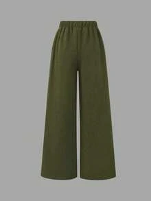 SHEIN 2件套少女时尚优雅通勤套装，纯色条纹衬衫+宽松阔腿裤 - 軍綠色 - 查看 6