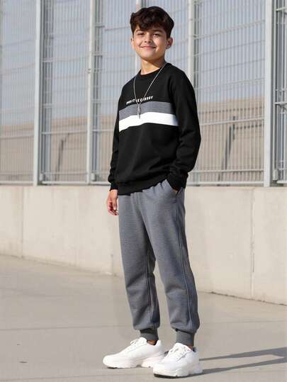 Vacaura 两件套休闲青少年男童黑白灰拼接卫衣和运动裤套装，适合春秋季穿着