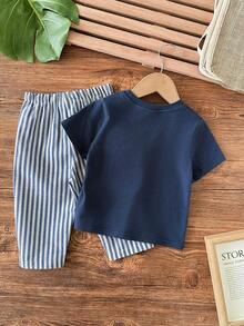 男婴可爱休闲针织拼接短袖T恤和条纹松紧腰短裤套装 - 藍色 - 查看 2