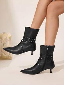CUCCOO CHICEST Botas de tacón de aguja con decoración de rhinestones hasta la pantorrilla para mujer - Negro - Ver 2
