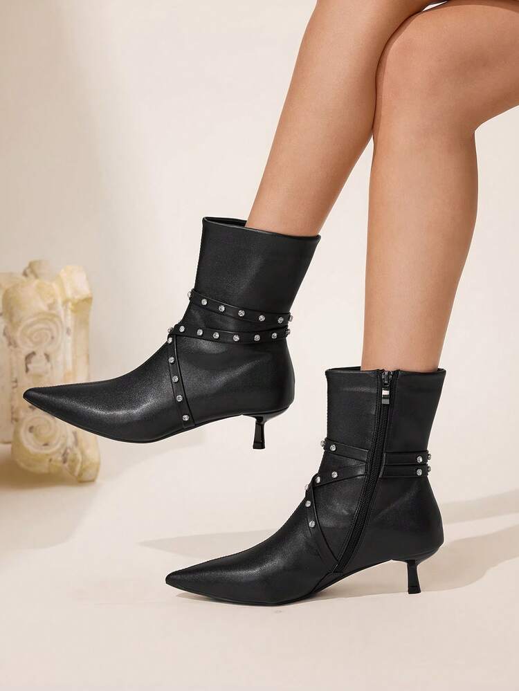 CUCCOO CHICEST Women's Rhinestone Decor Stiletto Heel Mid-Calf Boots For Christmas