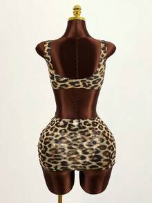 Zestiva 女士性感波西米亚风狂欢派对狂野豹纹不对称连体泳衣及沙滩裙两件套，适合海滩度假 - 棕色 - 查看 2