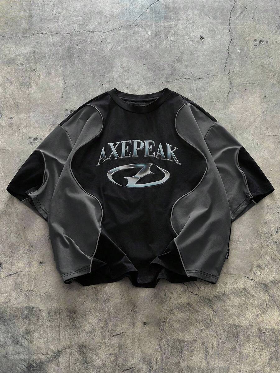 AXEPEAK 男士宽松撞色拼接短袖立领T恤 - 黑色 - 查看 1