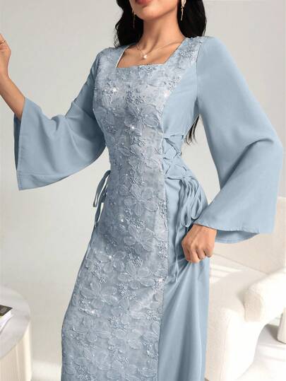 Yasmyna Women's Elegant Square Neck Patchwork Embroidered Waist Tie Waist Dress, Spring/Summer Modest Dress For Women Baby Blue Elegant Dress