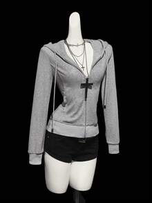 SHEIN ICON Damen Y2K einfarbiger Kapuzen-Reißverschluss-Grafik-Lässig-Vielseitig-Langarm-Sweatshirt, Winter für Frauen Grauer Reißverschluss-Sweatshirt Grau - Grau - Übersicht 4