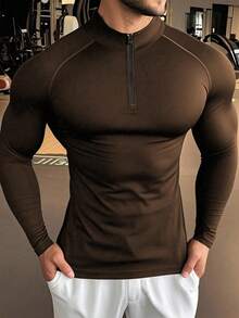 Manfinity Sport PWRUP Men's Minimalist Solid Color Half-Zip Stand Collar Raglan Long Sleeve Compression Sports T-Shirt - Camel - View 3