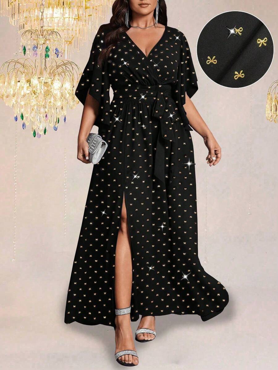 SHEIN Clasi Robe de soirée élégante pour femmes grandes tailles avec nœud papillon, col en V métallique, manches évasées, taille nouée, froncée et fente - Noir - Voir 1