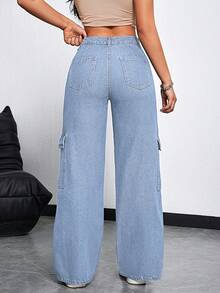 SHEIN PETITE 女士工装口袋阔腿宽松休闲牛仔裤 - 淺色水洗藍 - 查看 2