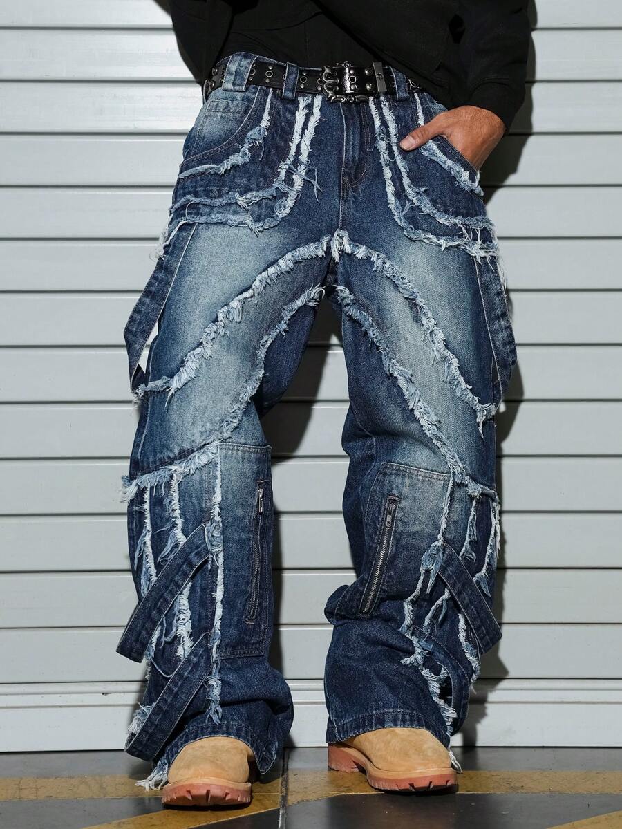 Manfinity EMRG Quần jean nam xanh rách vát viền phong cách đường phố thường ngày - Rửa tối - Xem 1