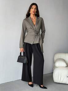 SHEIN Tall Women's Metal Decoration Brown Gray Imitation Linen Waist Suit Jacket/Fall Women Clothes/Fall Outfits Women /Fall Outfits/Back To School/Homecoming/Business Casual Woman /Old Money Style Women/Office Outfits For Women/Going Out Outfits,Fall Clothes For Women - Mocha Brown - View 5