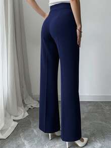 EURMUSE Women's Solid Color Minimalist Casual Pants - Navy Blue - View 2