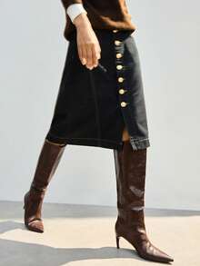 Maija Women's Single-Breasted Pocket Casual Versatile Denim Skirt, Urban Commute Business Casual , Elegant For Summer, Valentine's Day, Party, Holiday - Dark Wash - View 2