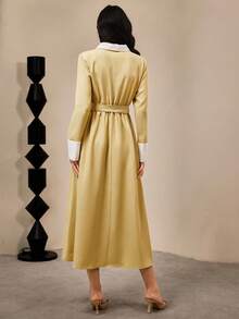 SHEIN Clasi Women's White And Yellow Autumn Winter Dress,High Neck Drawstring Waist Belt Colorblock Ellegant Tea Party Dress,Sophisticated Ladies Party Dress - Yellow - View 2