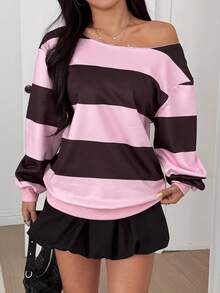 SHEIN EZwear Áo nỉ nữ dài tay sọc hồng hở vai đơn giản - Hồng - Xem 1