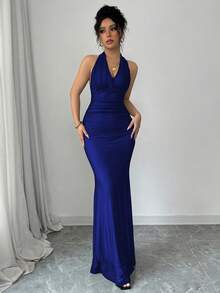 Rafferiza Đầm dài bodycon đuôi cá cổ chữ V xếp ly lưới lót màu đỏ hồng thanh lịch dành cho nữ, mùa thu/đông - Xanh đậm - Xem 4