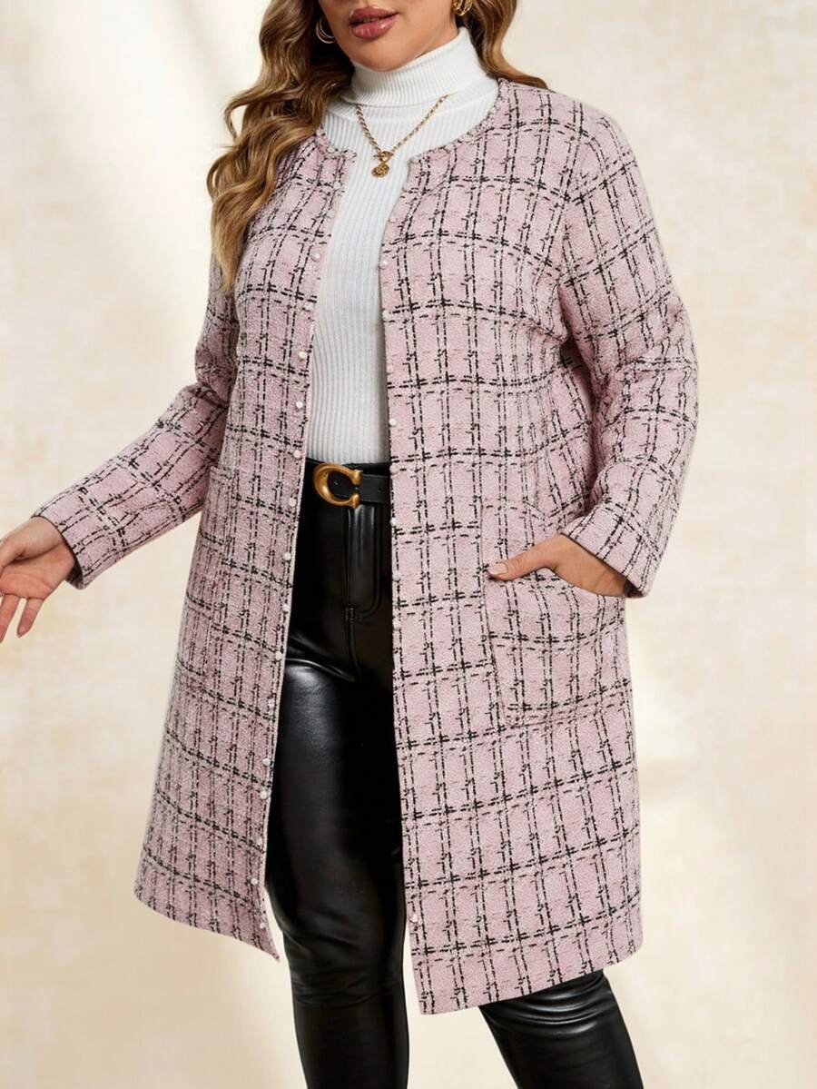 SHEIN Clasi 大码女式冬季外套,仿粗花呢图案,前开襟长袖大衣,配珍珠纽扣和口袋 - 粉色 - 查看 1