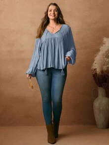 Rosumi Plus Size Women Tie Collar Contrast Lace Lantern Sleeve Loose Blouse Plus Size Blouses Curve Plus Plus Size Blouses Plus Size Boho Tops - Baby Blue - View 4