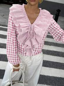 Pariaura French Retro Bubble Chiffon Plaid Print Women Shirt - Pink - View 6