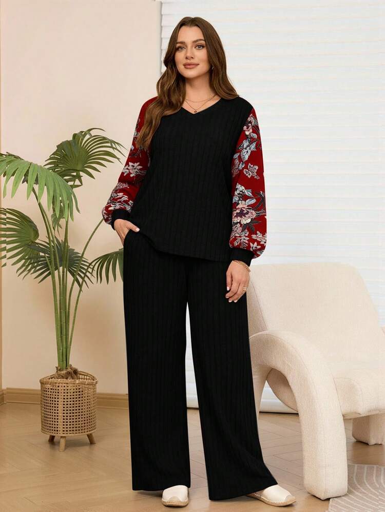 2 piezas Conjunto de top de manga larga y pantalones con bolsillos, estampado floral y patchwork para mujer talla grande