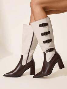 CUCCOO CHICEST Women's Contrast Color Pointed Toe Buckle Design Fashion High Heel Boots For Christmas