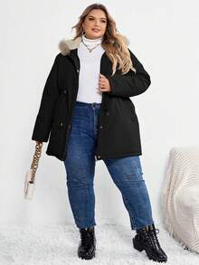 SHEIN CURVE+ Abrigo acolchado con capucha y cordón ajustable en la cintura, unicolor, talla grande y curvilínea - Multicolor - Ver 4