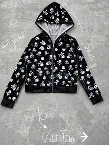 Sunspun Bộ 2 món áo khoác nhung trùm đầu in hình đầu lâu cỡ lớn và quần nhung cạp chun - Đen và trắng - Xem 2