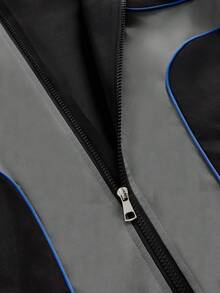 ROMWE MEN Street Life Men's Contrast Color Casual Zip-Up Long Sleeve Jacket - Black - View 5