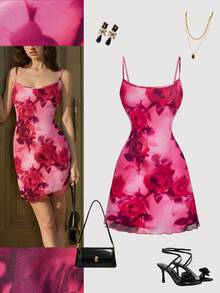 SHEIN MOD 复古女士太阳面印花细肩带迷你太阳裙，紫红色花朵 - 彩色 - 查看 6