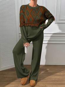 EURMUSE Boho Sweater And Trouser Casual Simple - Army Green - View 7