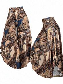 EMERY ROSE Plus Size Paisley Print Asymmetric Hem Wide Leg Pants Fall Cloth For Women - Multicolor - View 1